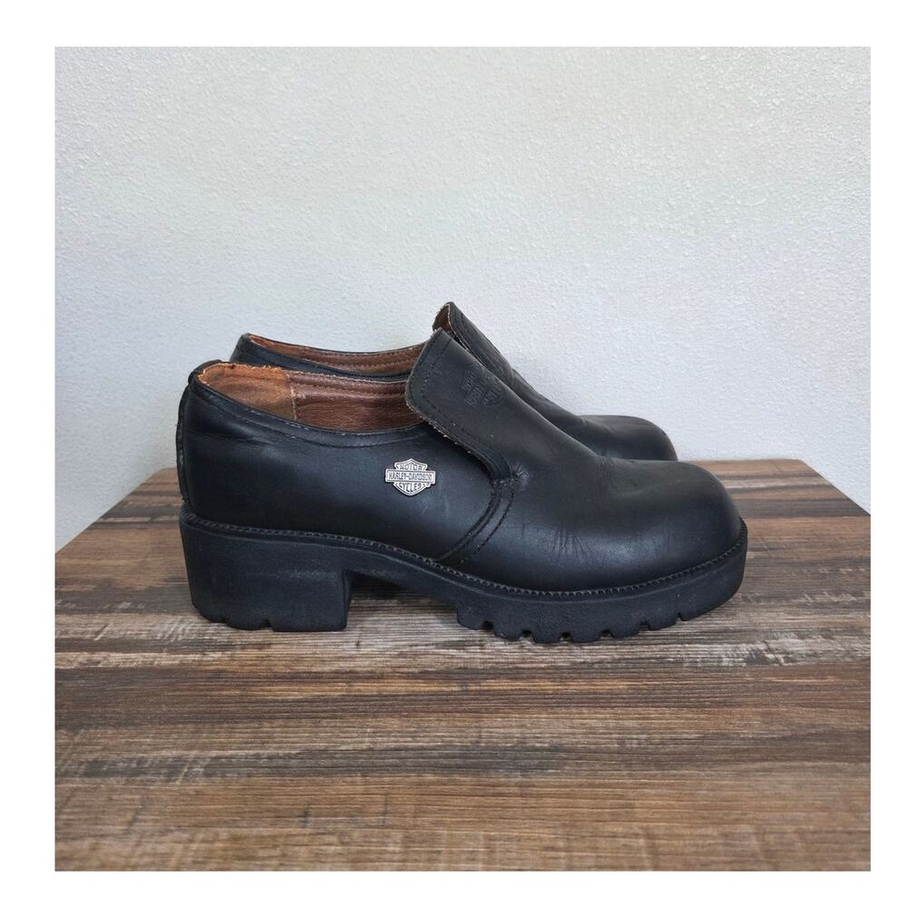 Harley-Davidson Woman's Black Leather Chunky Platform Loafers Size 7.5